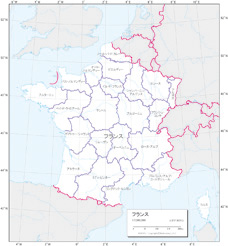 境界線を太くして強調するとともに、都市名の代わりに地方名をプロットすれば、フランスの地方区分図もこの通り。