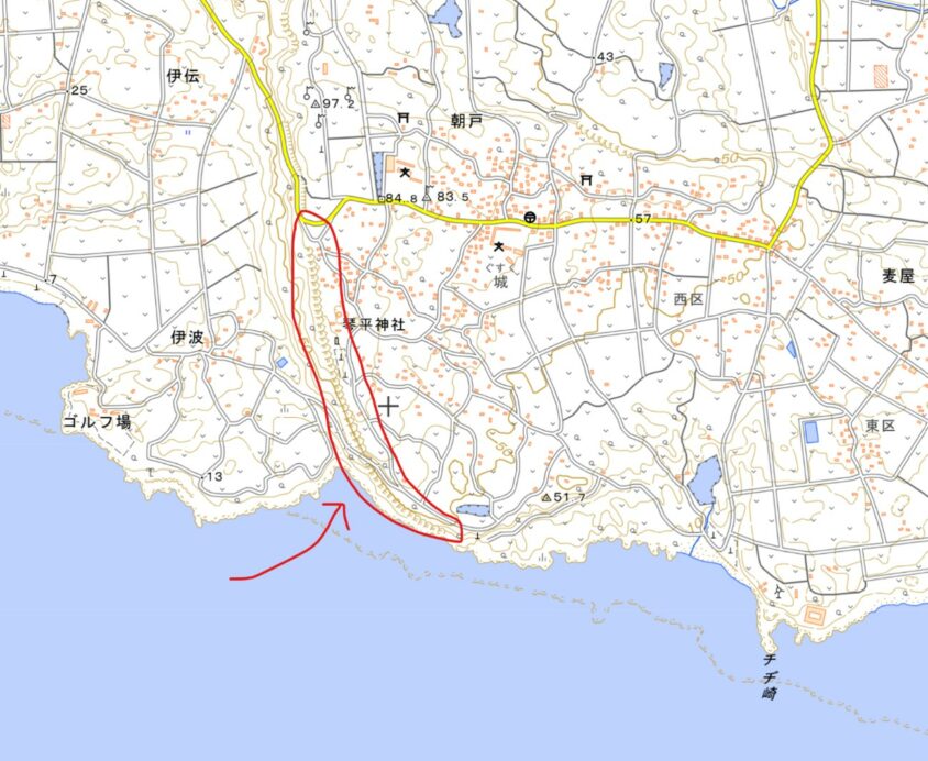 赤く囲んだ部分が「前口半田」のだいたいの位置。出典:国土地理院「地理院地図」。地図上に場所を指示して作成。